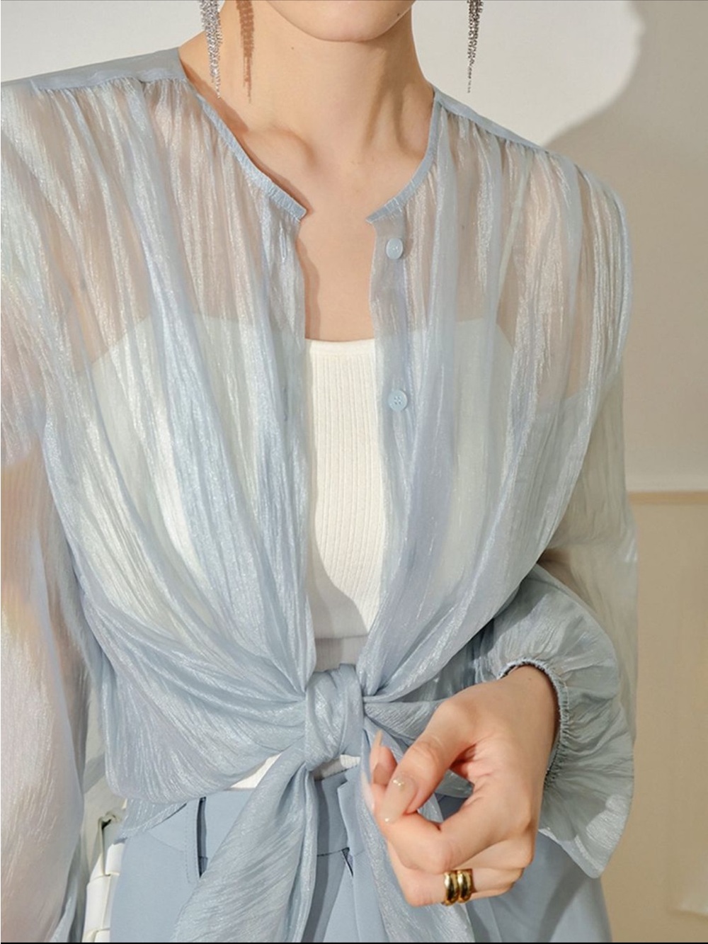 Commense Sheer Powder Blue Tie-Front Bandeau Blouse